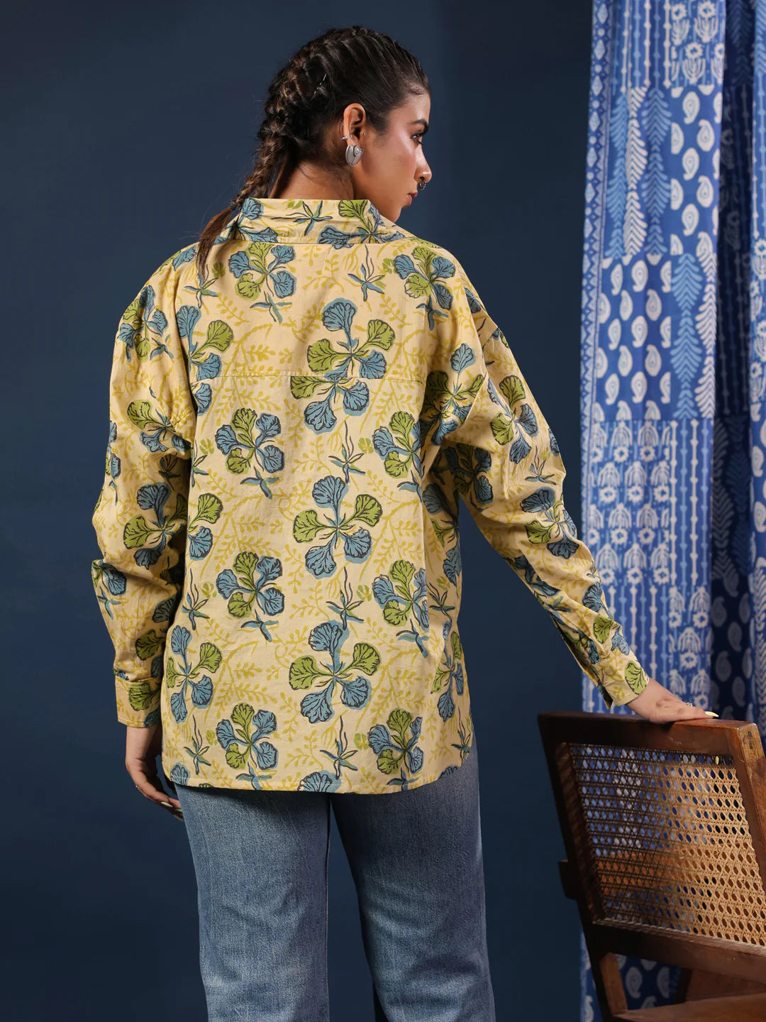 Yellow Handblock Printed Lose Fit Cotton Shirt