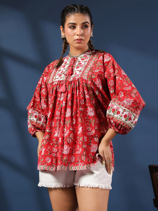 Red Hand-Block Printed Boho Volume Sleeved Top