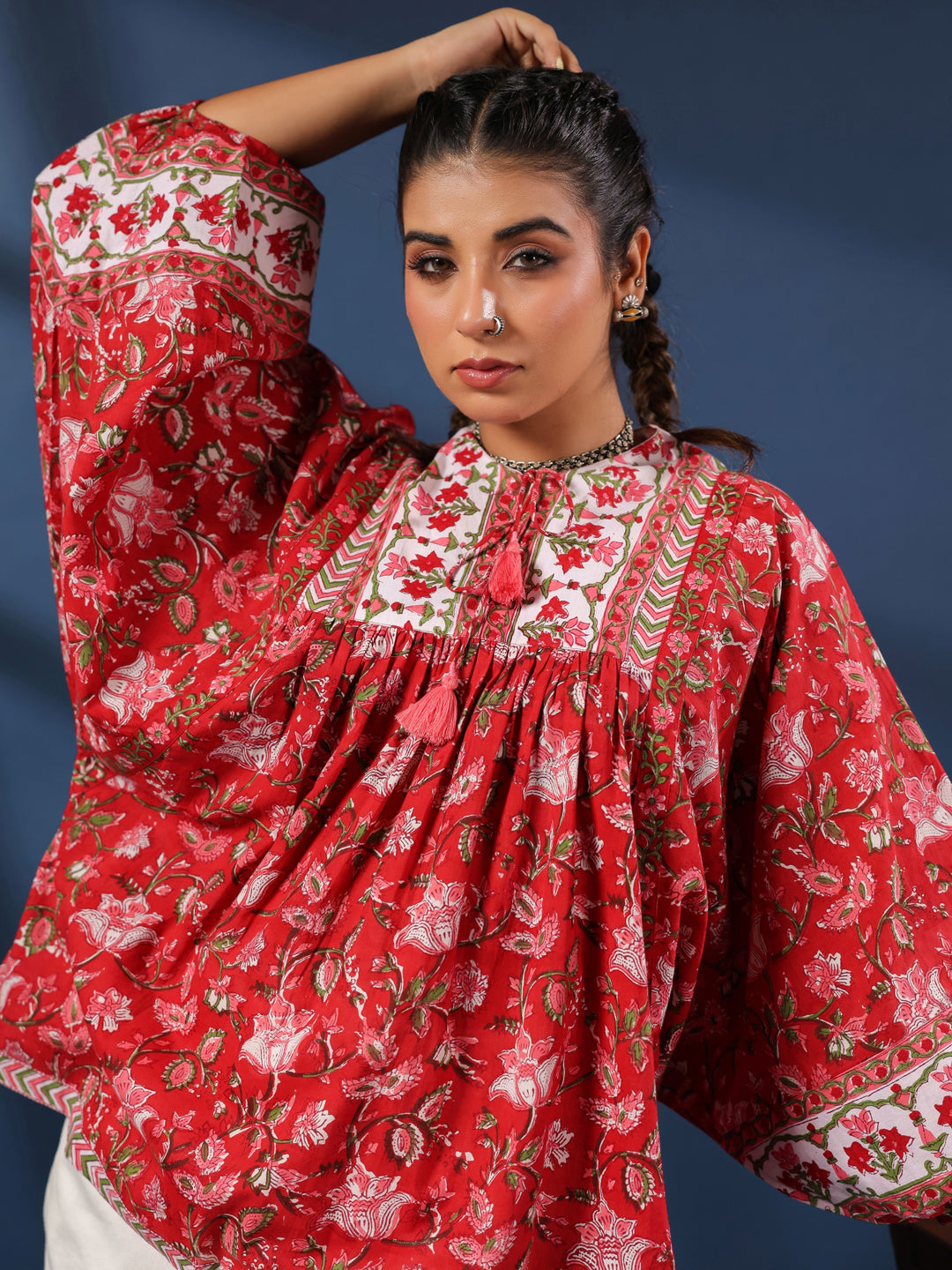 Red Hand-Block Printed Boho Volume Sleeved Top