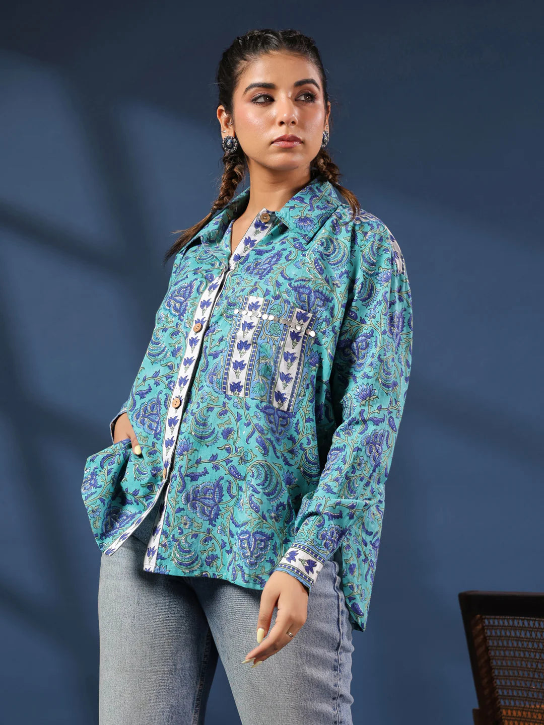 Turquoise Handblock Printed Lose Fit Cotton Shirt