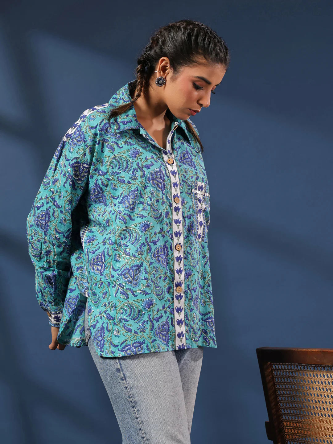 Turquoise Handblock Printed Lose Fit Cotton Shirt