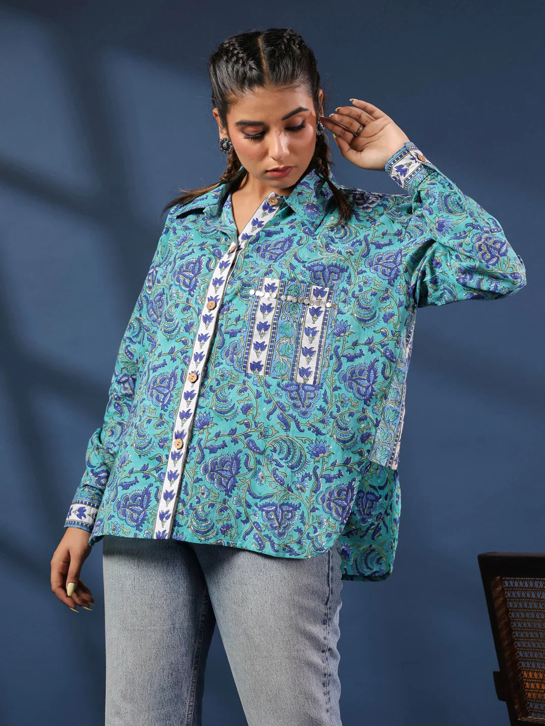 Turquoise Handblock Printed Lose Fit Cotton Shirt