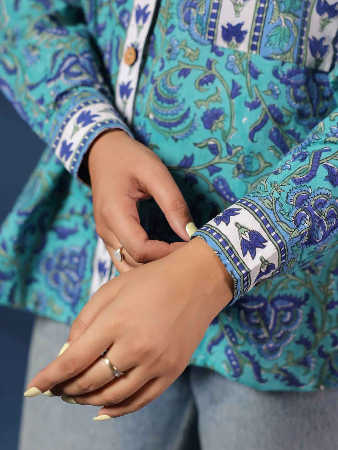 Turquoise Handblock Printed Lose Fit Cotton Shirt