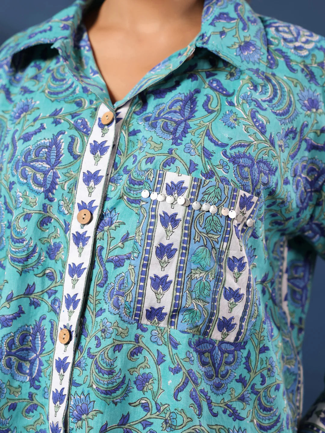 Turquoise Handblock Printed Lose Fit Cotton Shirt