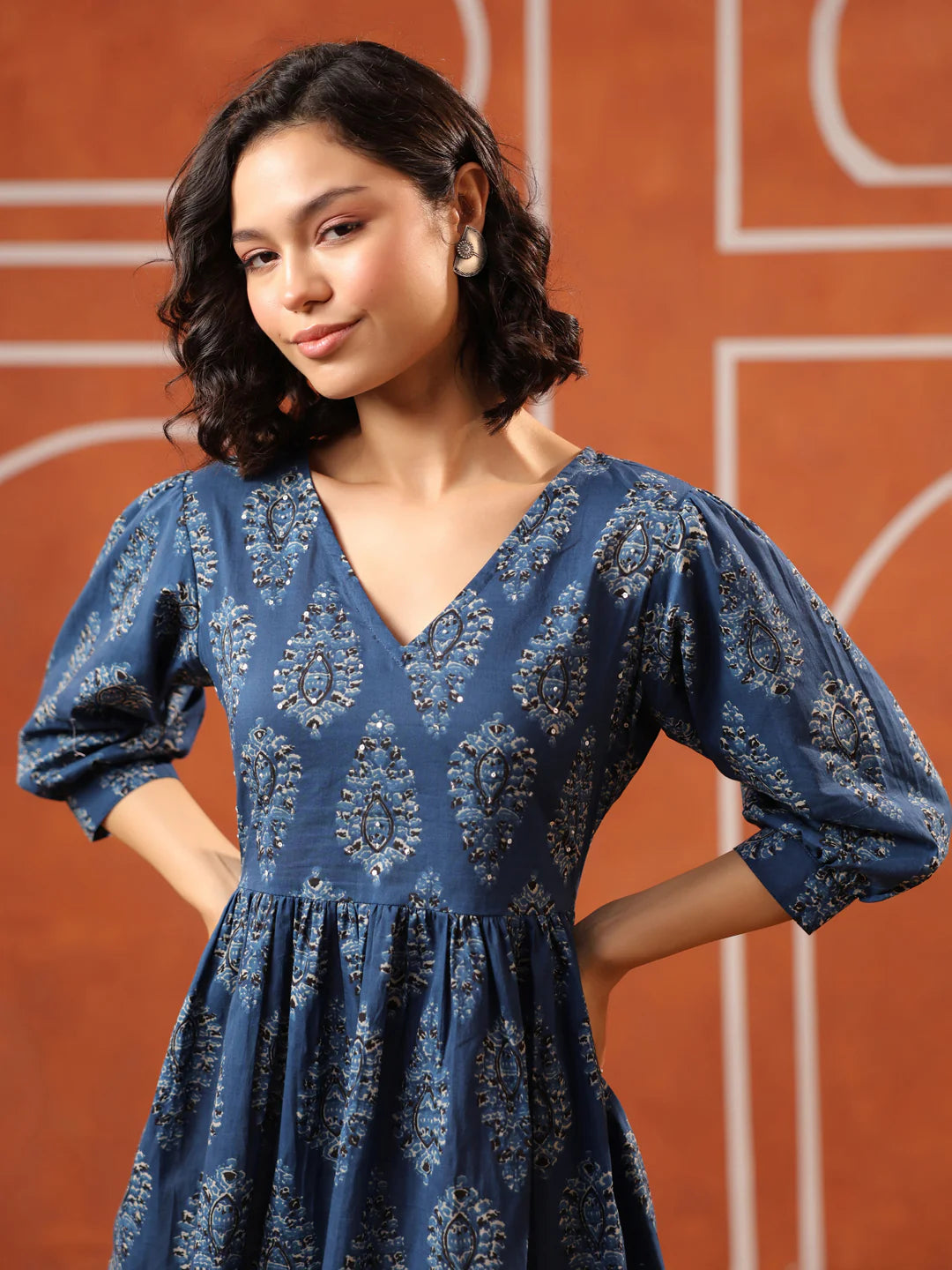 Blue Printed V-Neck Cotton Dress