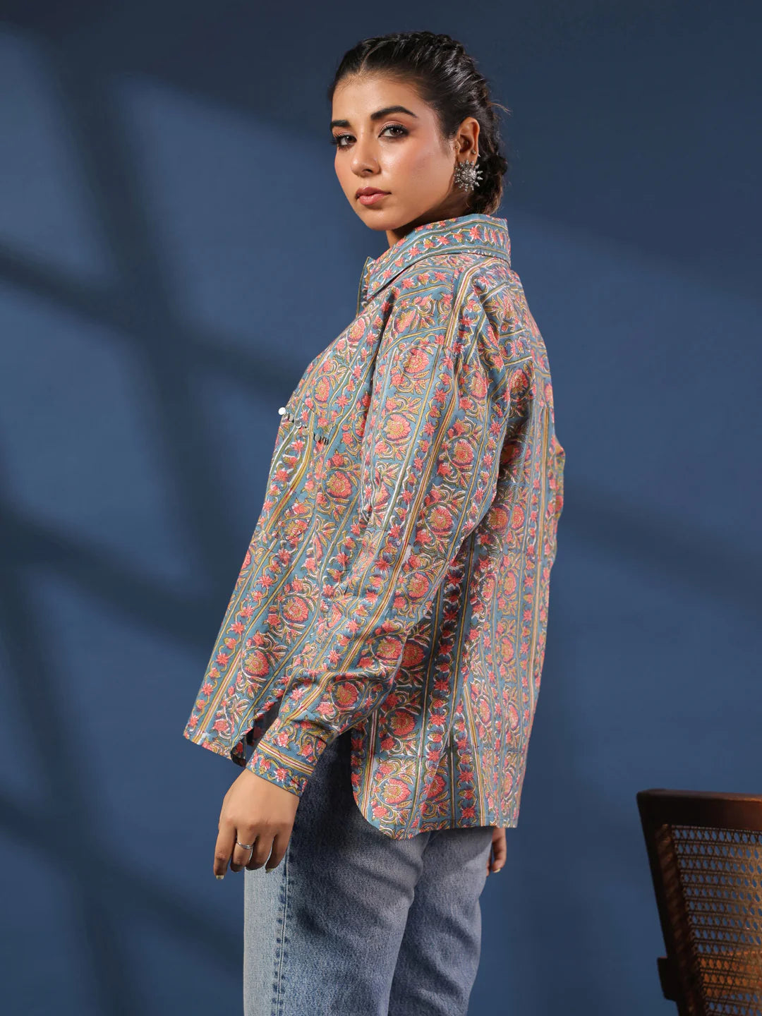 Teal & Coral Handblock Printed Lose Fit Cotton Shirt