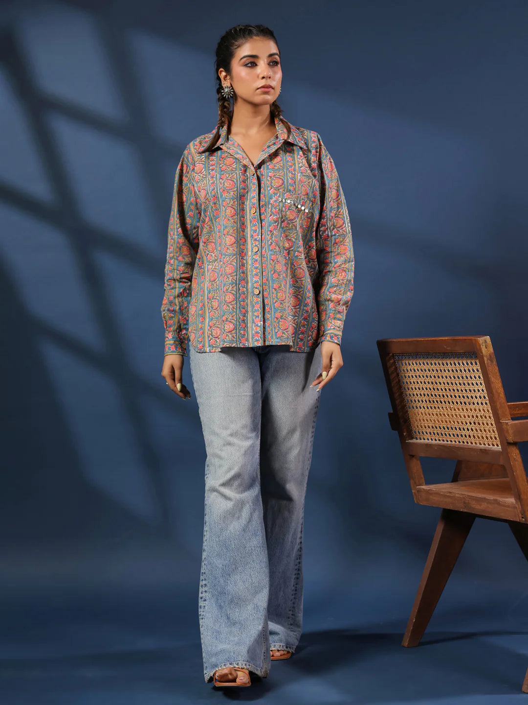 Teal & Coral Handblock Printed Lose Fit Cotton Shirt