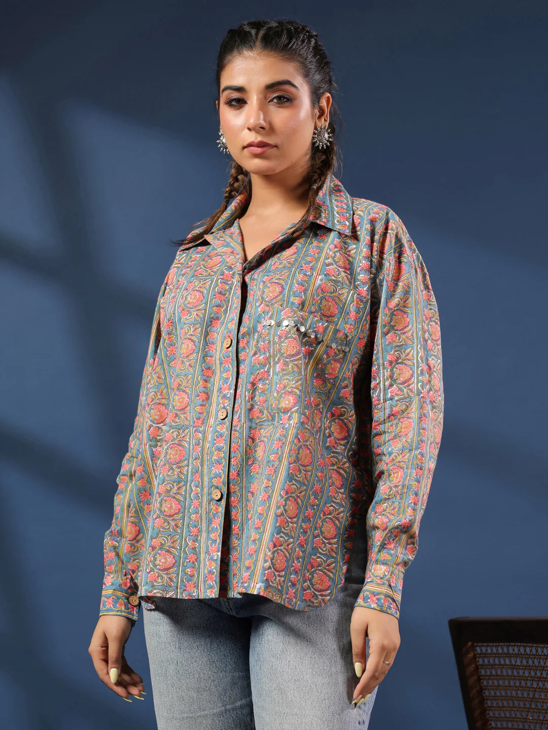 Teal & Coral Handblock Printed Lose Fit Cotton Shirt