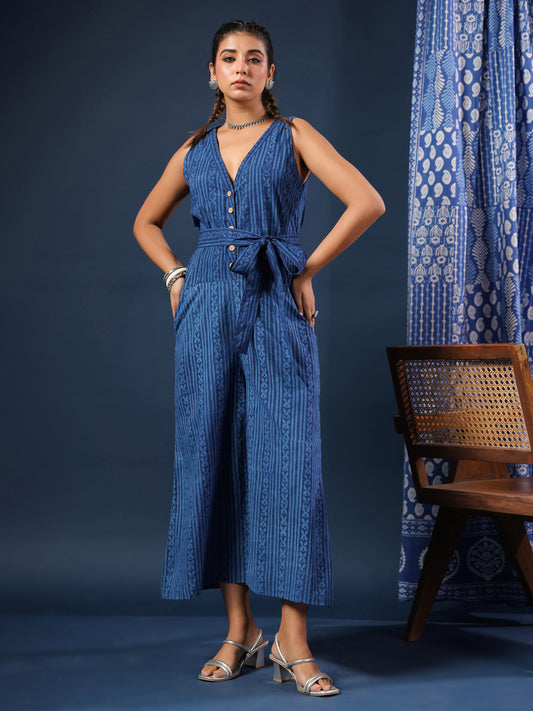 Indigo V-neck Jumpsuit with Belt