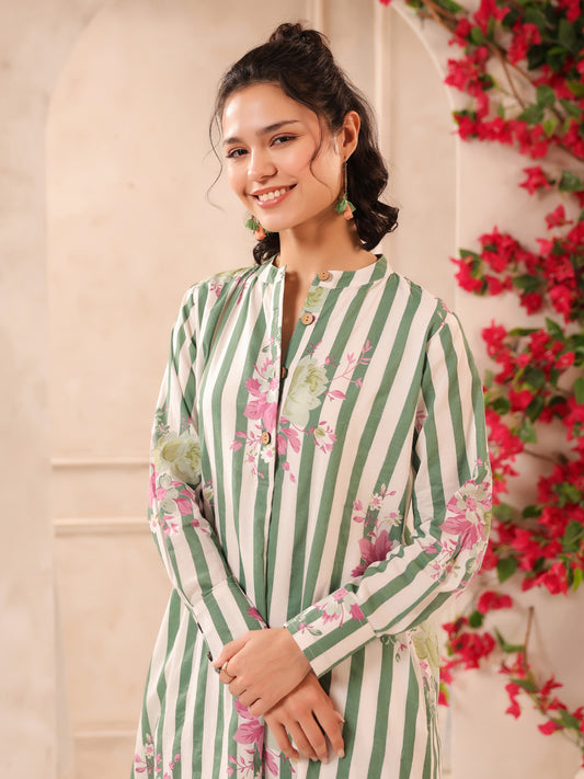 White Green Stripes Printed Cotton Kurta and Pants Set