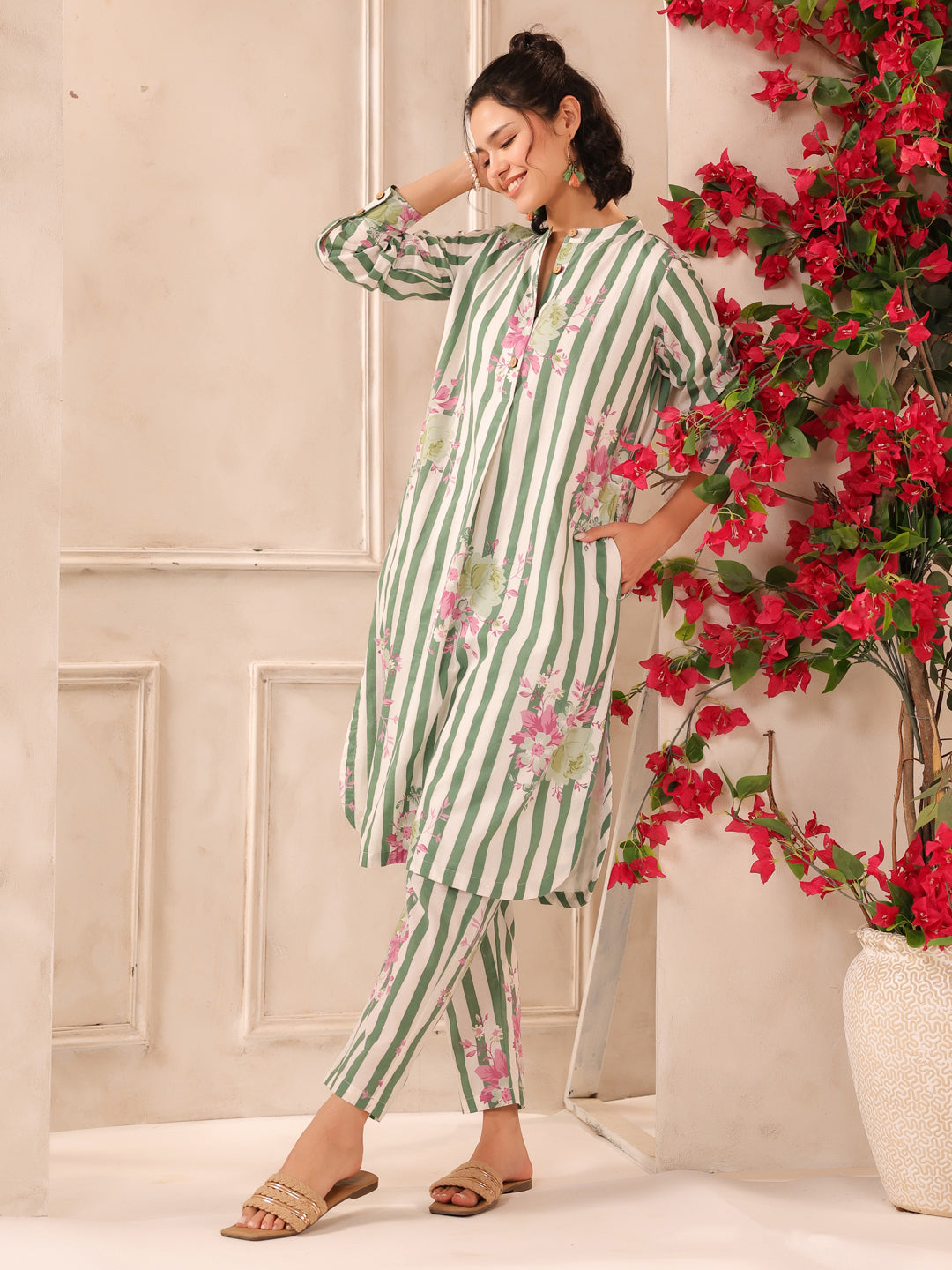 White Green Stripes Printed Cotton Kurta and Pants Set