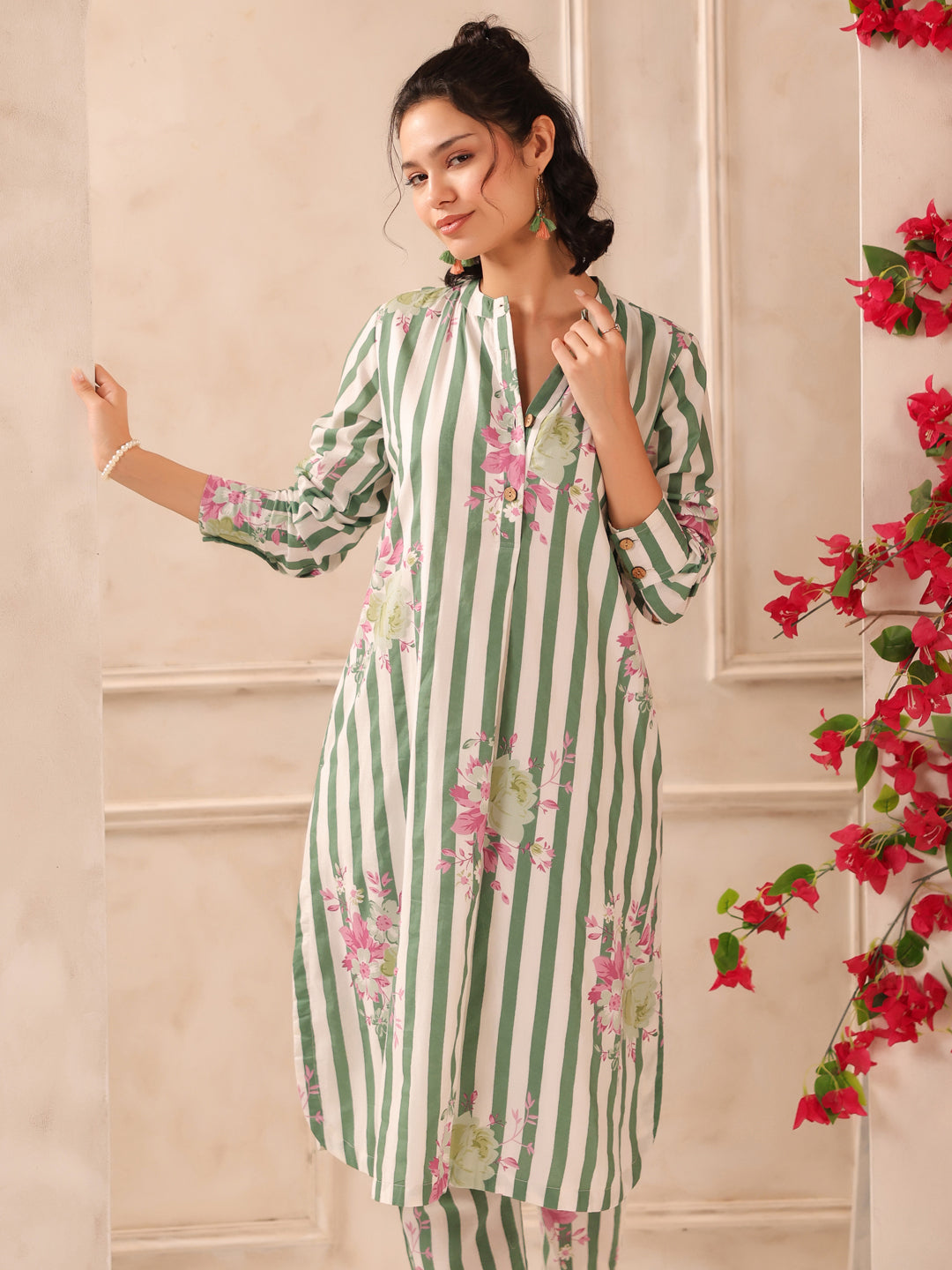 White Green Stripes Printed Cotton Kurta and Pants Set