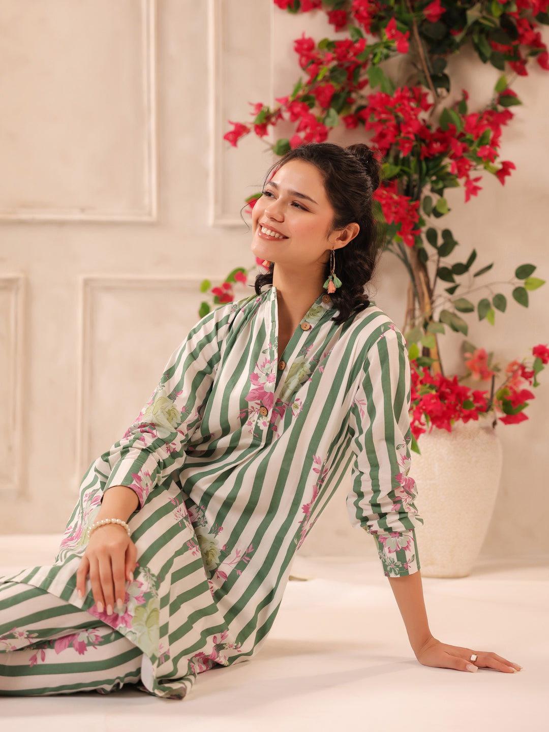 White Green Stripes Printed Cotton Kurta and Pants Set
