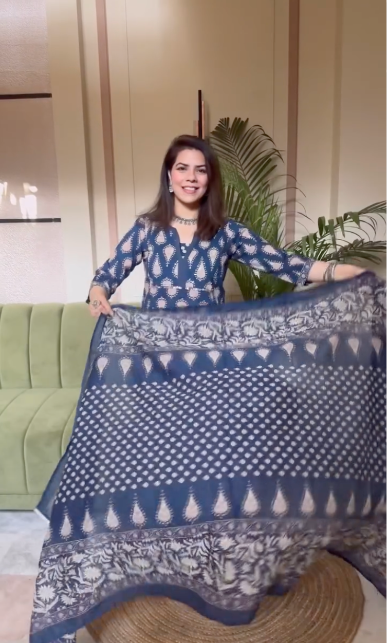 Blue Printed Sequinned Pure Cotton Kurta with Trousers & Dupatta