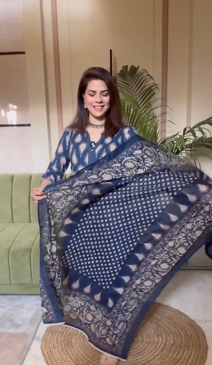 Blue Printed Sequinned Pure Cotton Kurta with Trousers & Dupatta