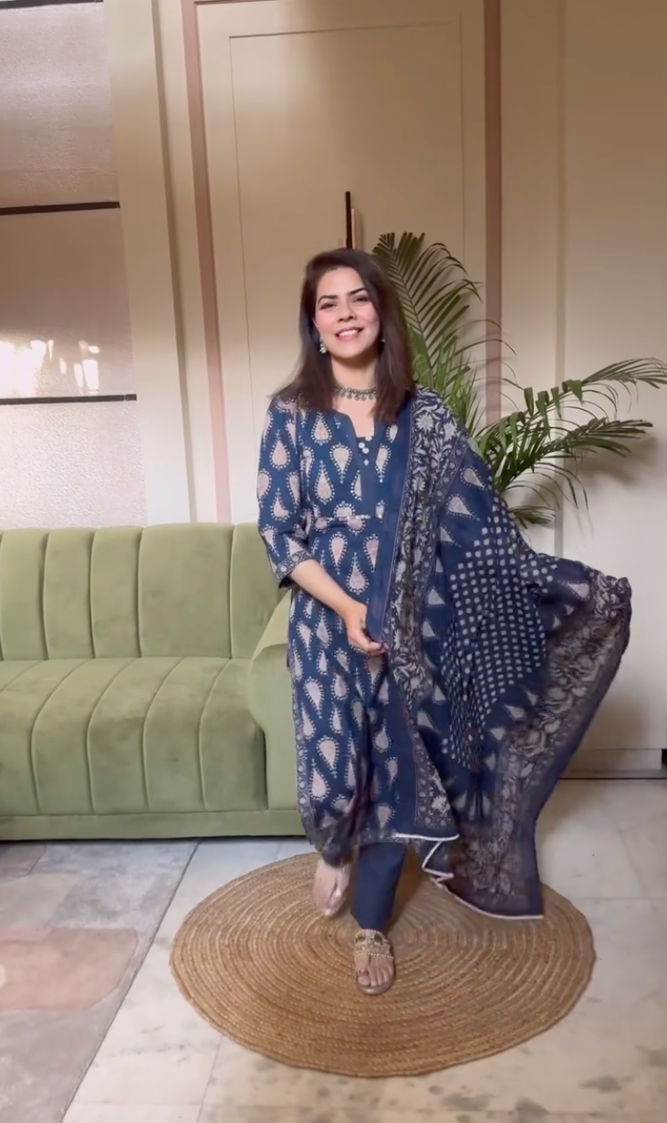 Blue Printed Sequinned Pure Cotton Kurta with Trousers & Dupatta