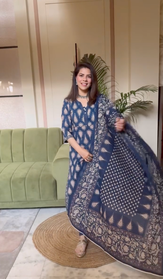 Blue Printed Sequinned Pure Cotton Kurta with Trousers & Dupatta
