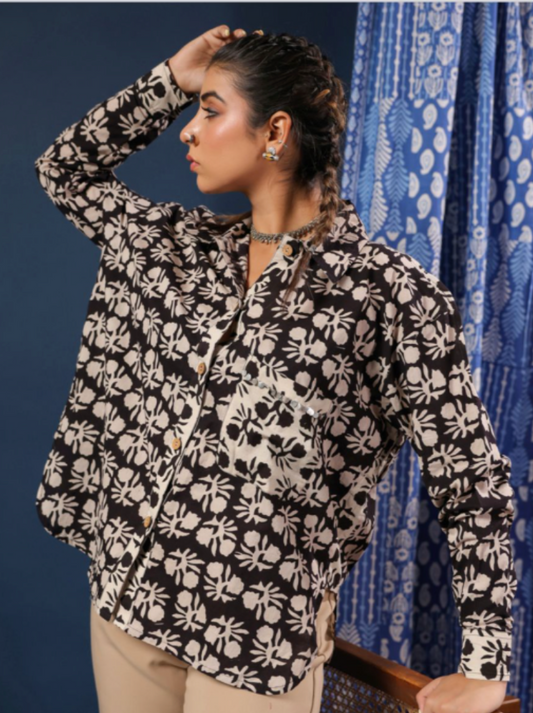 Black Handblock Printed Lose Fit Cotton Shirt