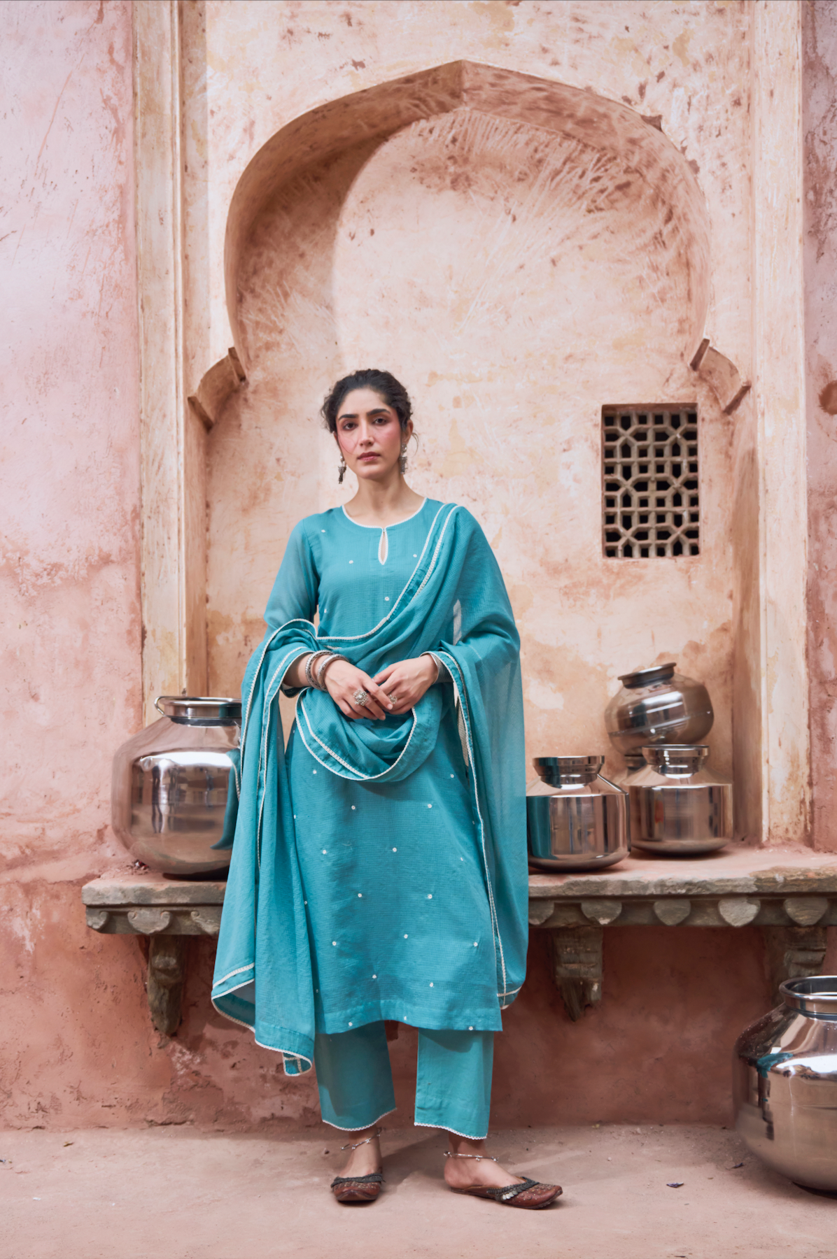 TEAL BLUE BEADWORK KOTA DORIA SUIT SET