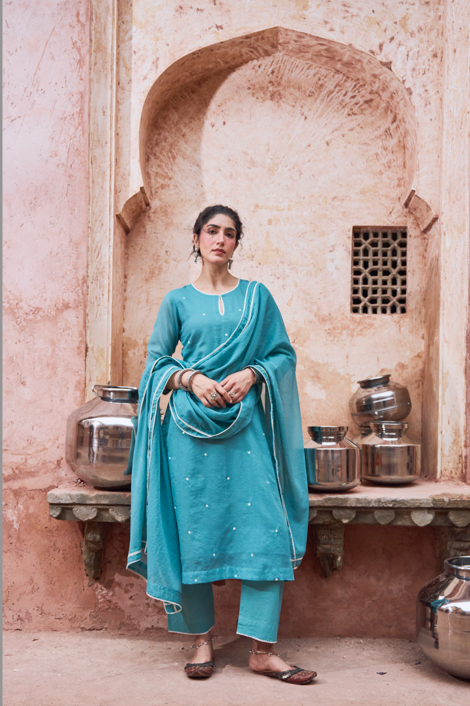 TEAL BLUE BEADWORK KOTA DORIA SUIT SET