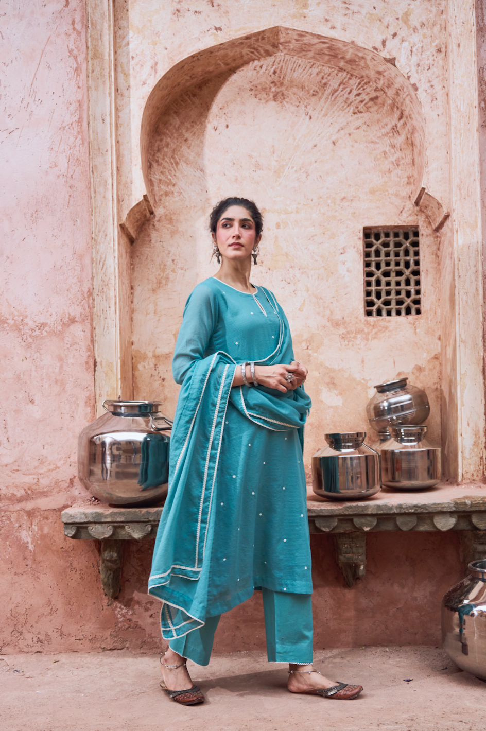 TEAL BLUE BEADWORK KOTA DORIA SUIT SET
