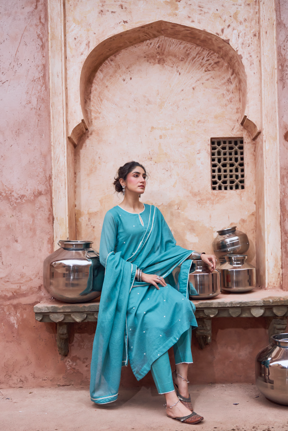 TEAL BLUE BEADWORK KOTA DORIA SUIT SET