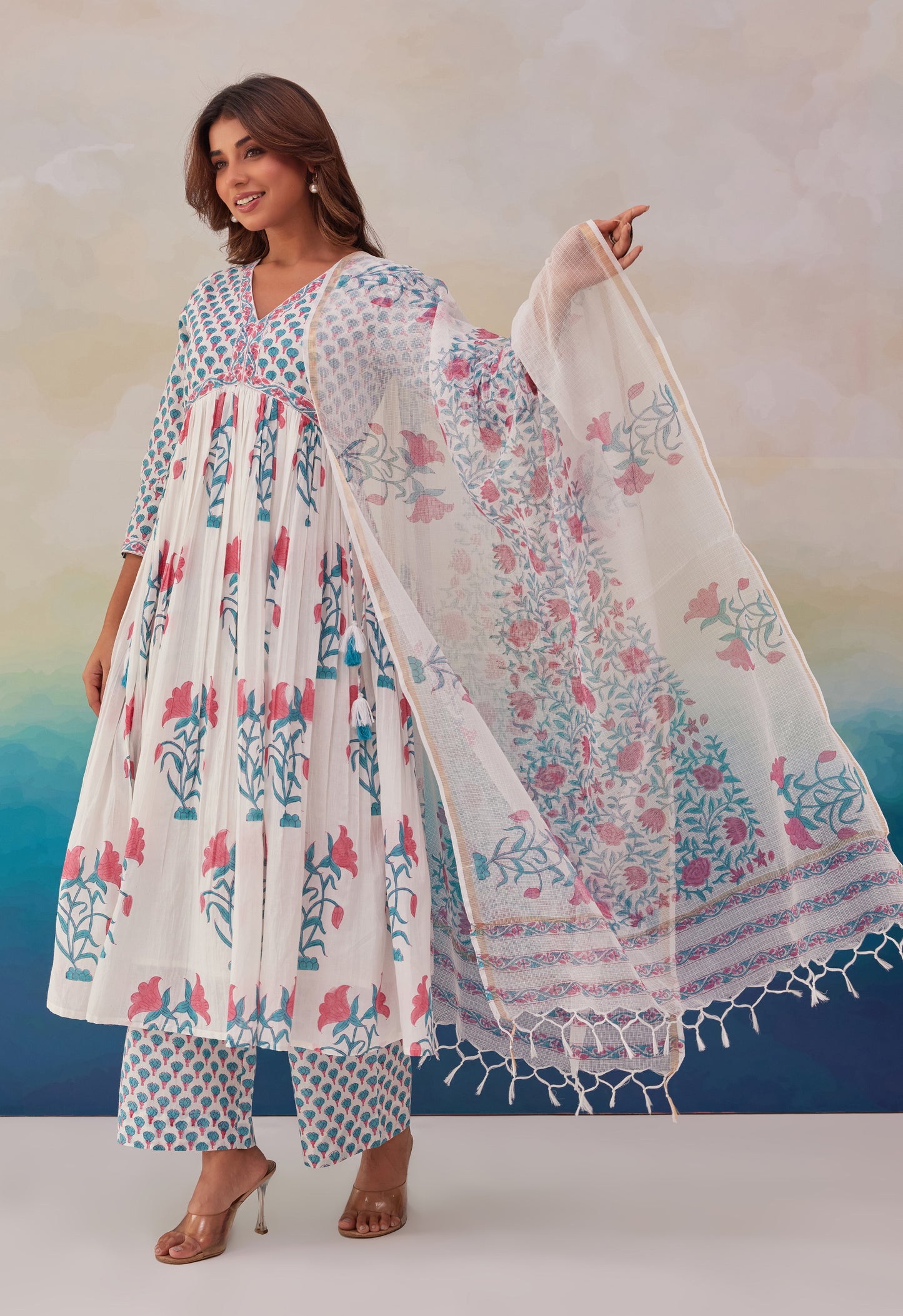 White Floral Printed Hand Block Printed Cotton Kurta Set With Dupatta