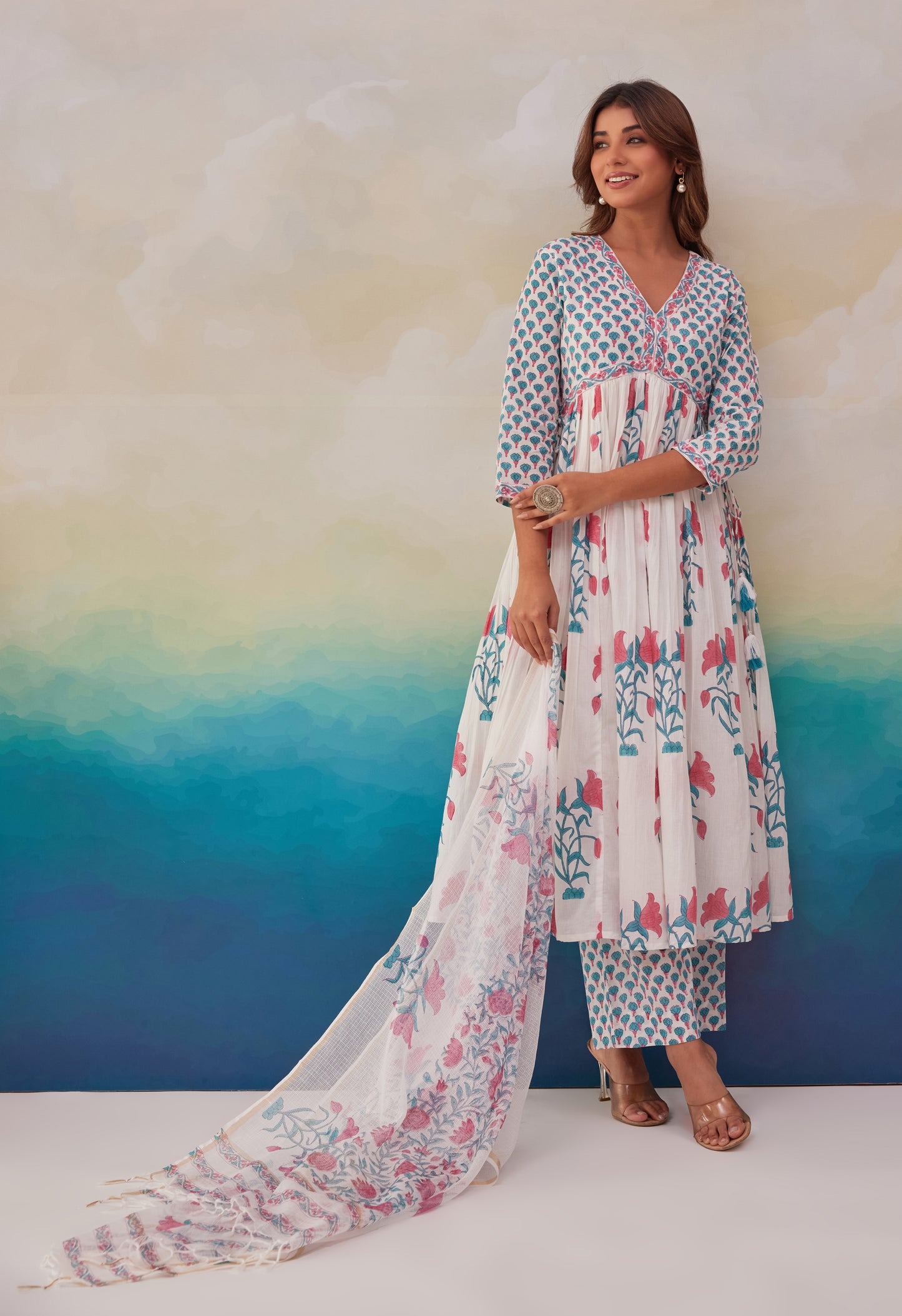 White Floral Printed Hand Block Printed Cotton Kurta Set With Dupatta