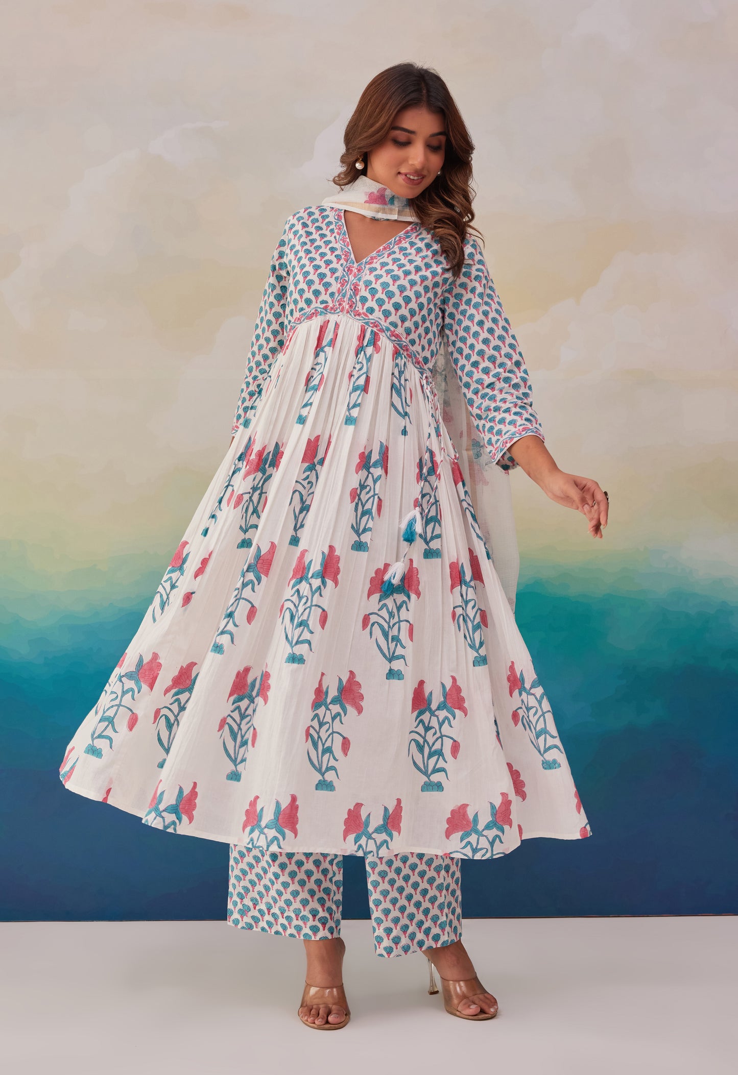 White Floral Printed Hand Block Printed Cotton Kurta Set With Dupatta