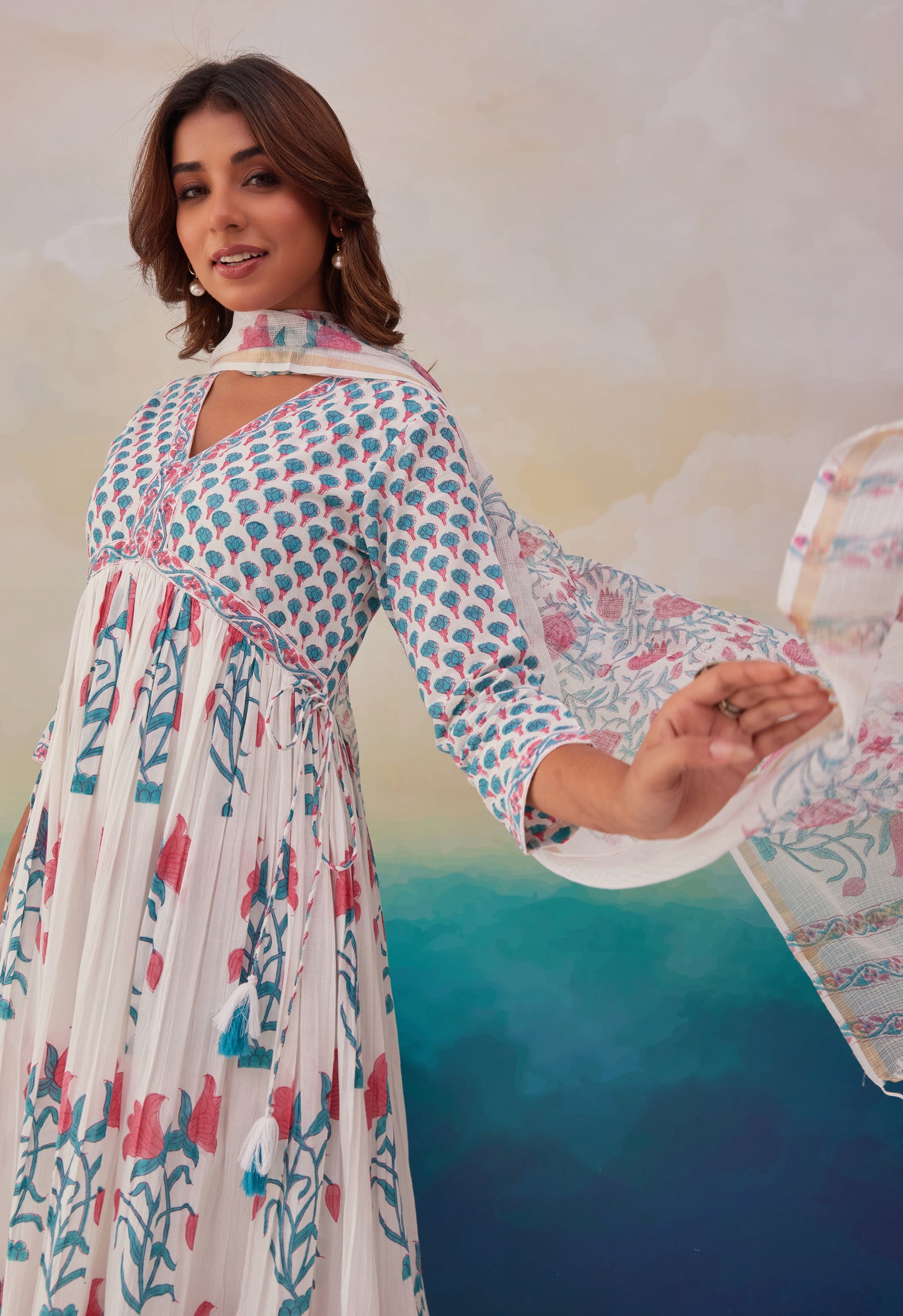 White Floral Printed Hand Block Printed Cotton Kurta Set With Dupatta