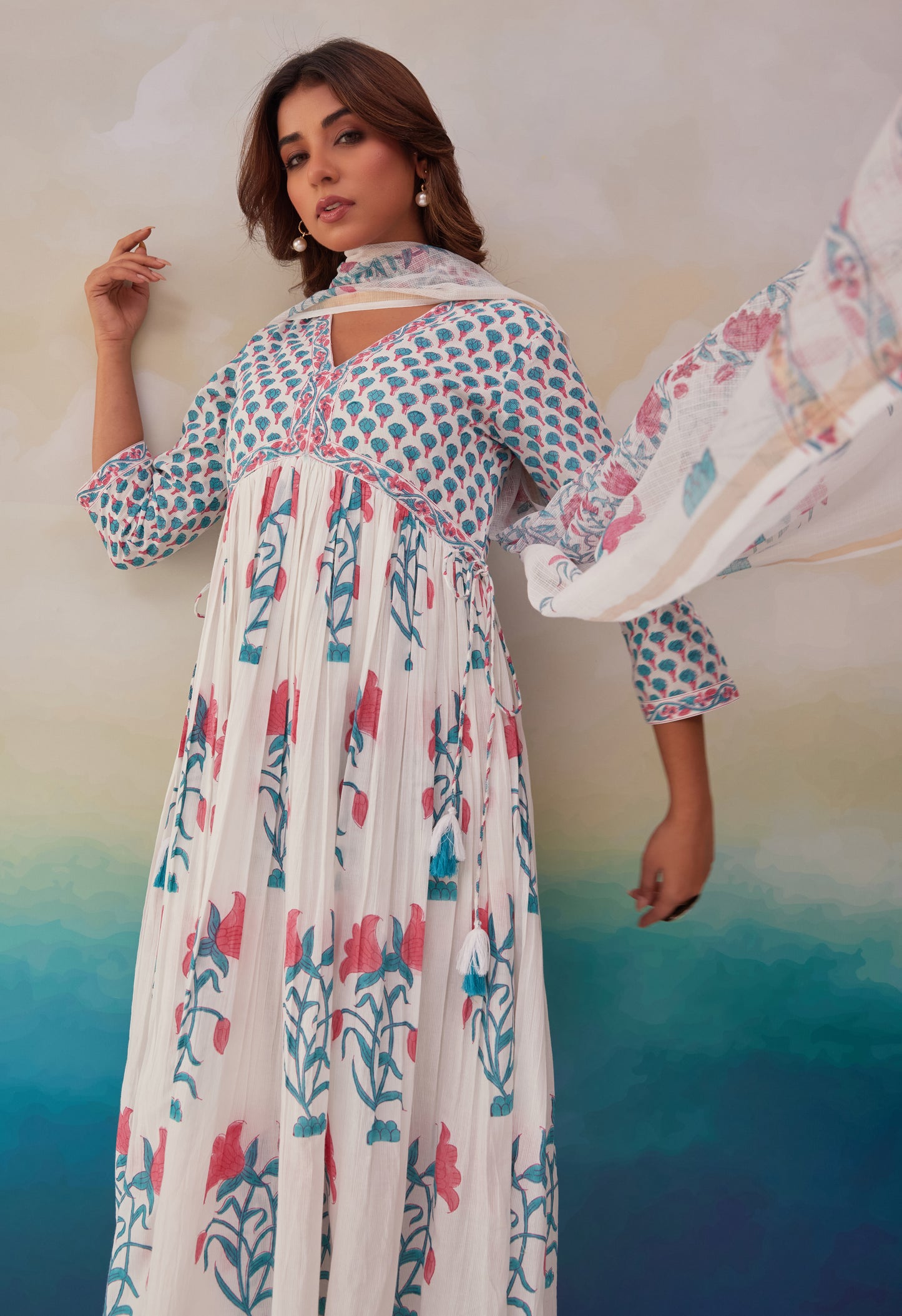 White Floral Printed Hand Block Printed Cotton Kurta Set With Dupatta