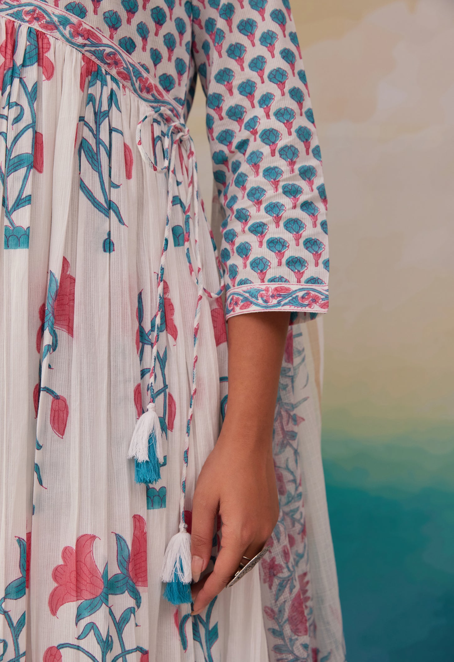 White Floral Printed Hand Block Printed Cotton Kurta Set With Dupatta