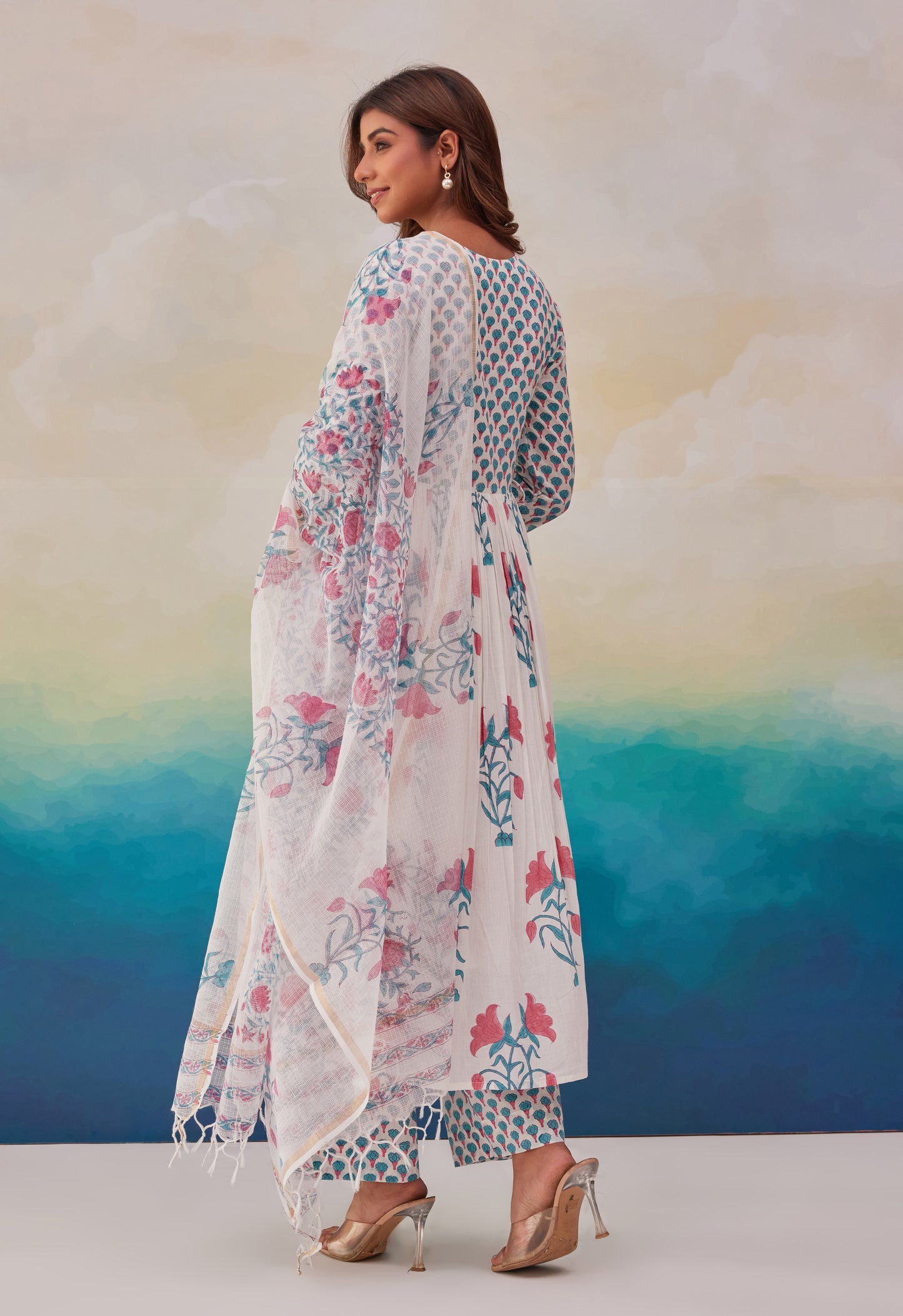 White Floral Printed Hand Block Printed Cotton Kurta Set With Dupatta