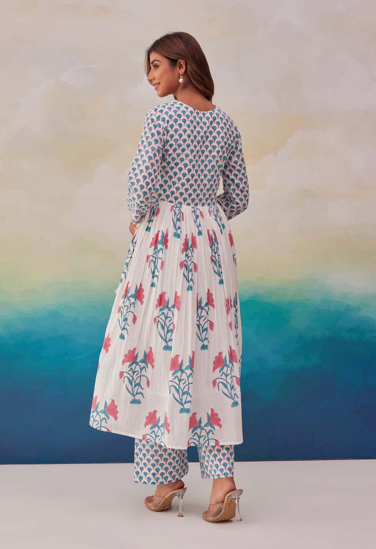 White Floral Printed Hand Block Printed Cotton Kurta Set With Dupatta