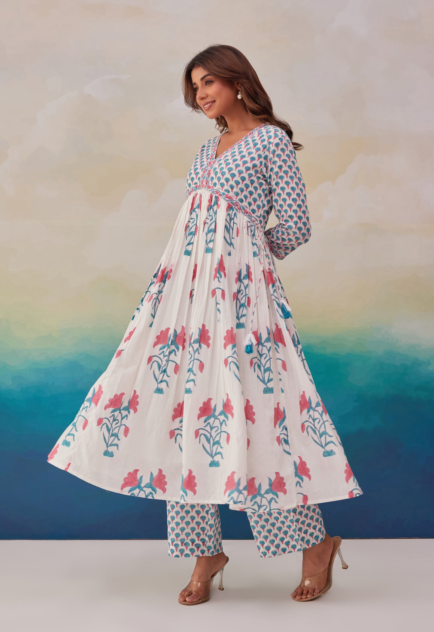White Floral Printed Hand Block Printed Cotton Kurta Set With Dupatta