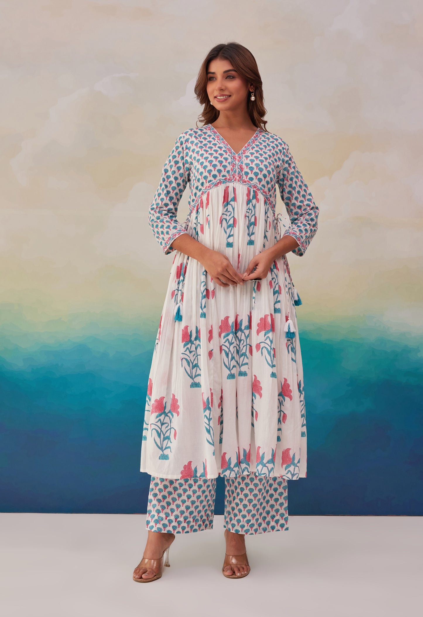 White Floral Printed Hand Block Printed Cotton Kurta Set With Dupatta