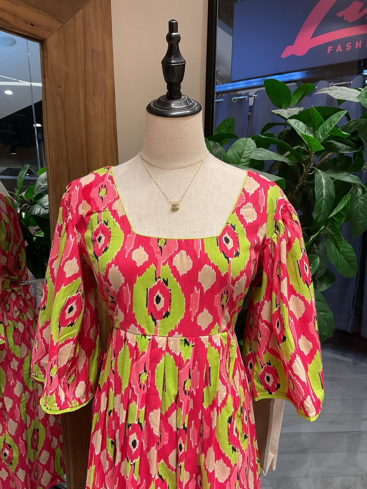 Pink Printed Sleeved Short Dress