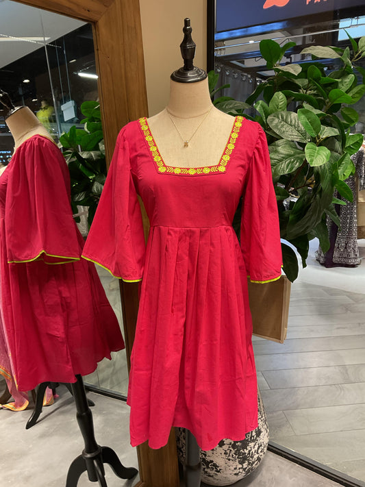 Embroidered Pink Solid Sleeved Short Dress