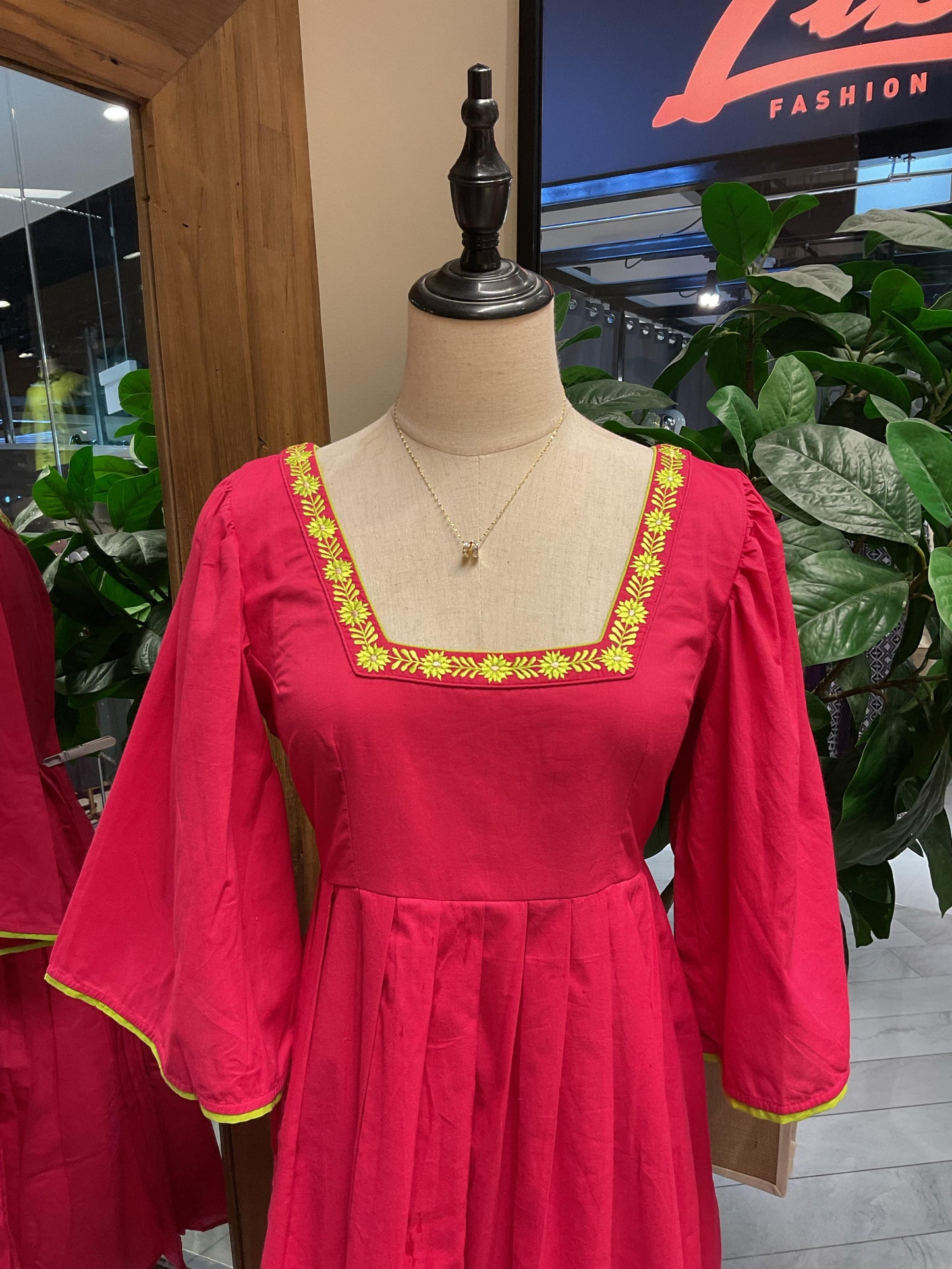 Embroidered Pink Solid Sleeved Short Dress