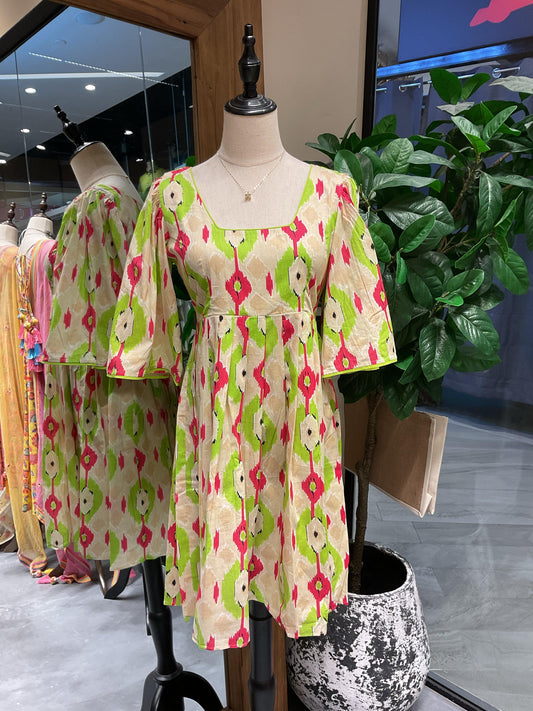 Cream Printed Sleeved Short Dress