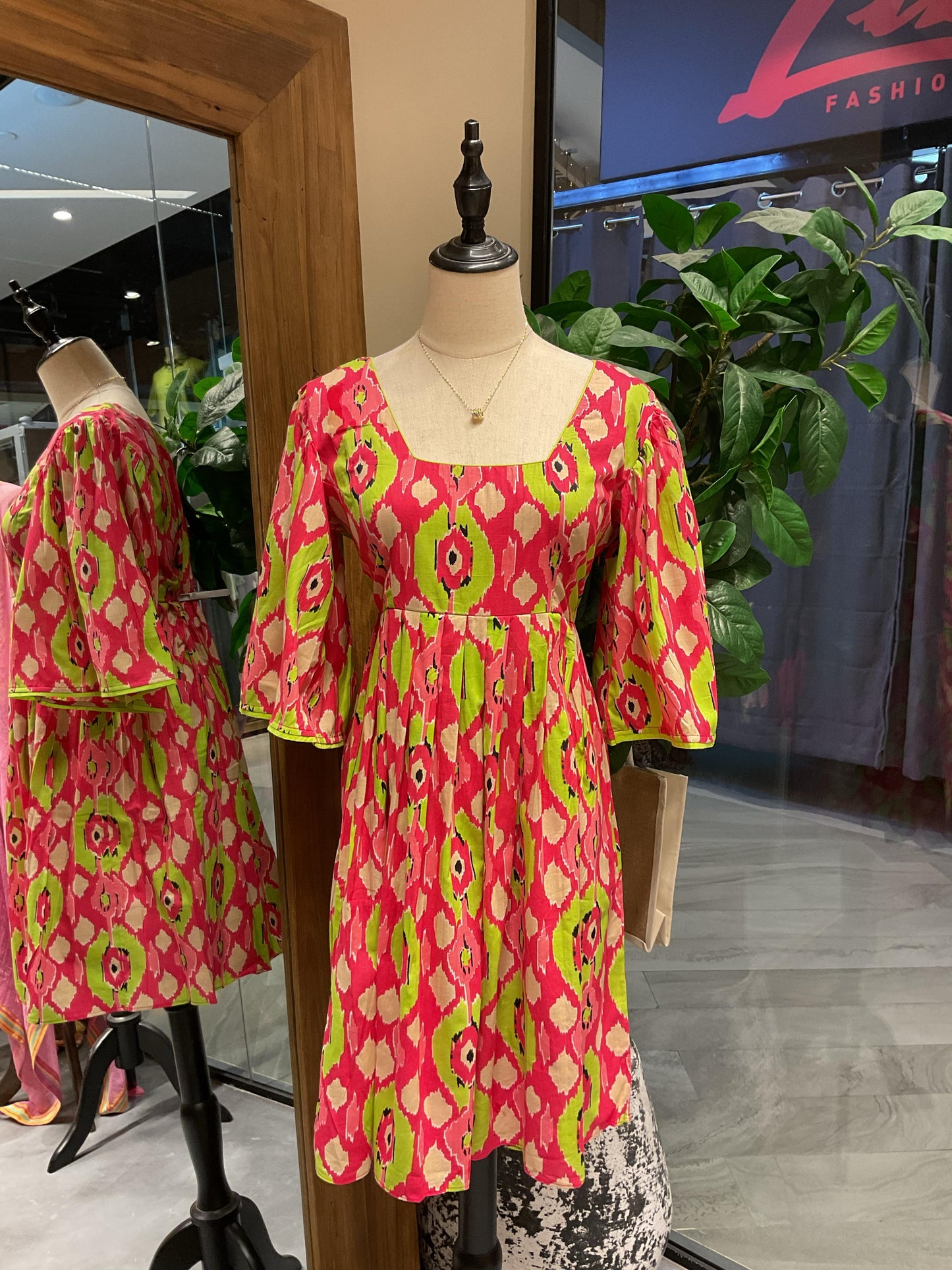 Pink Printed Sleeved Short Dress