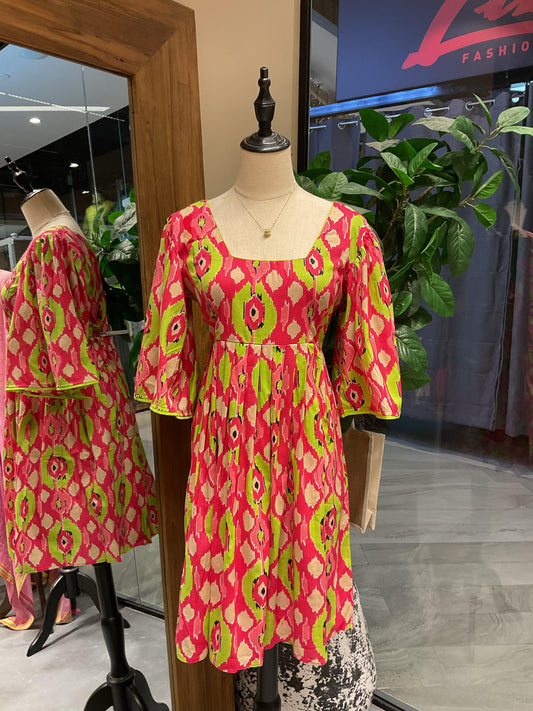 Pink Printed Sleeved Short Dress