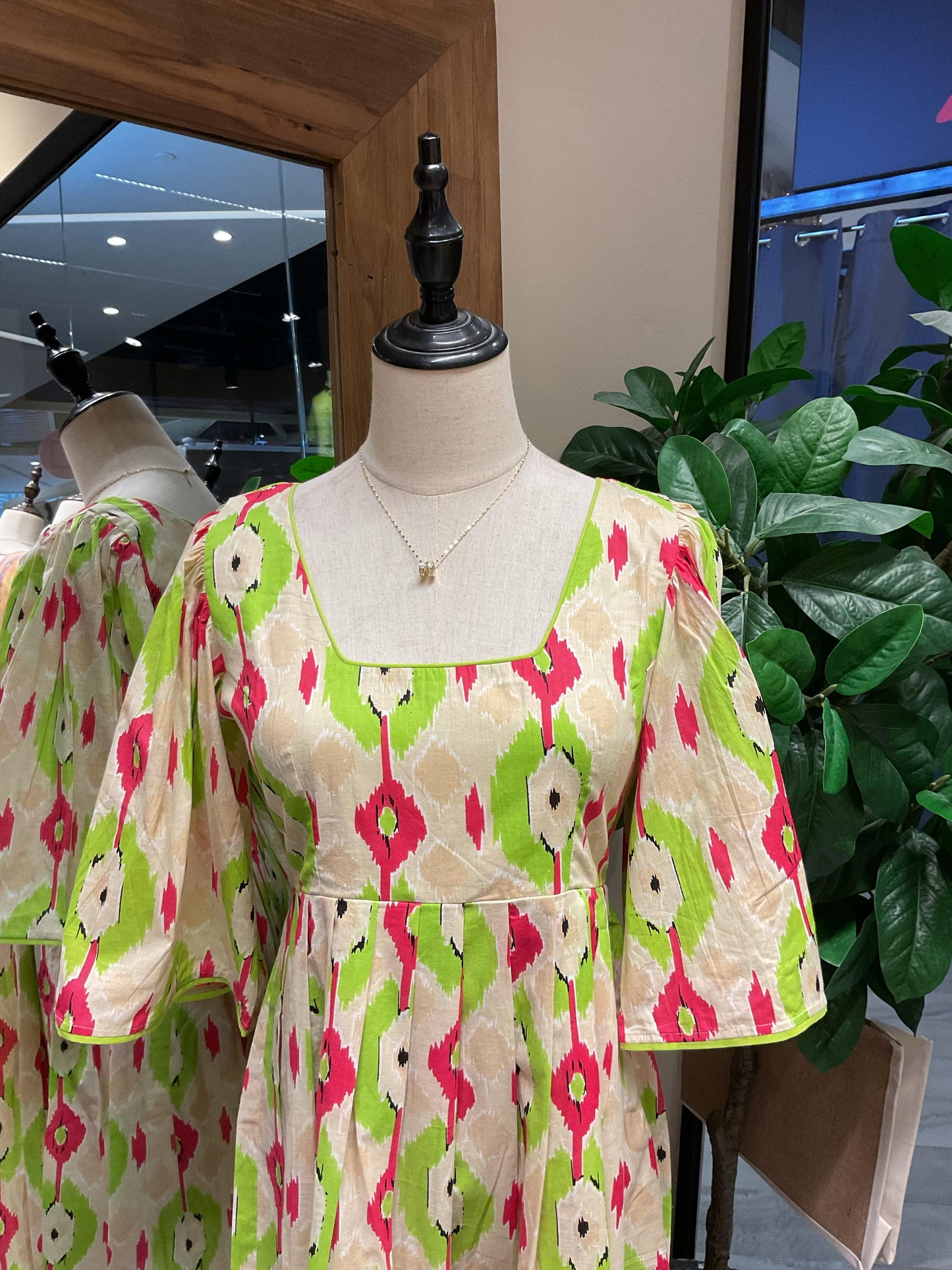 Cream Printed Sleeved Short Dress