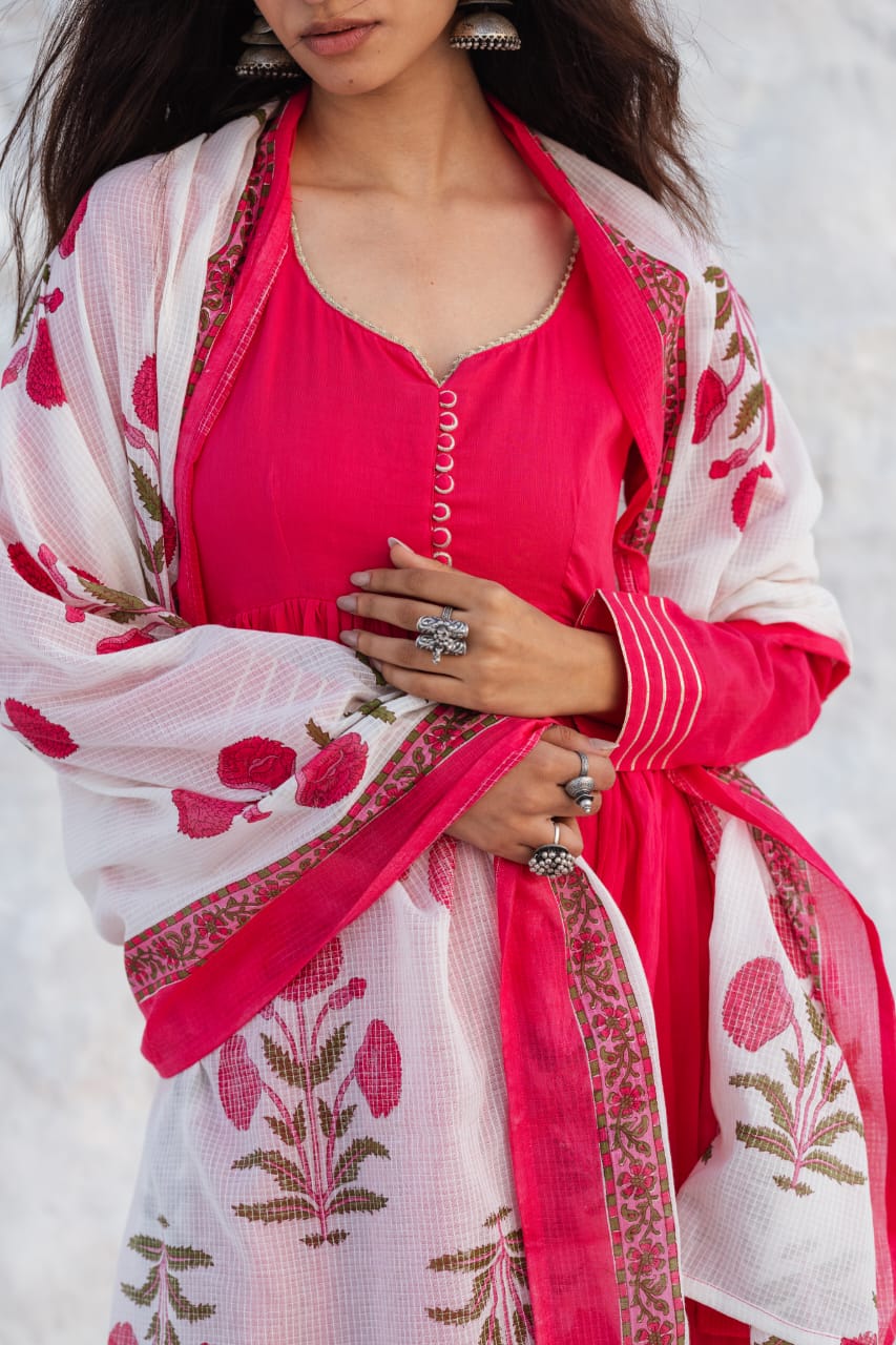 MUL COTTON MAGENTA PINK ANARKALI SET