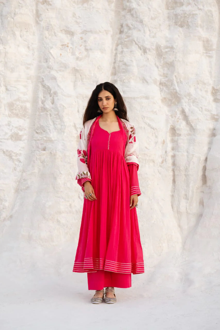 MUL COTTON MAGENTA PINK ANARKALI SET