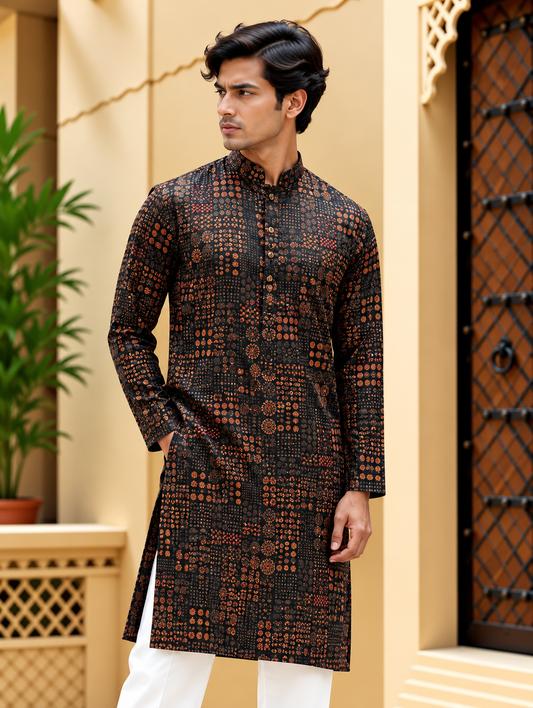 Black Geometric Printed Long Kurta