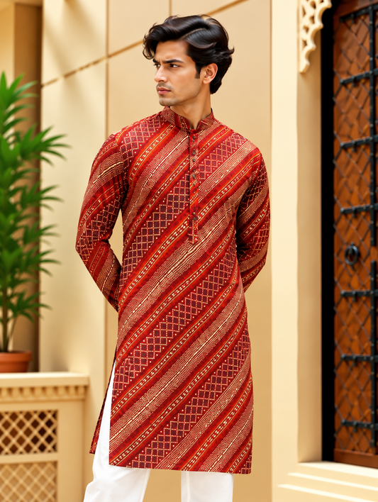 Red Bandhani Striped Long Kurta