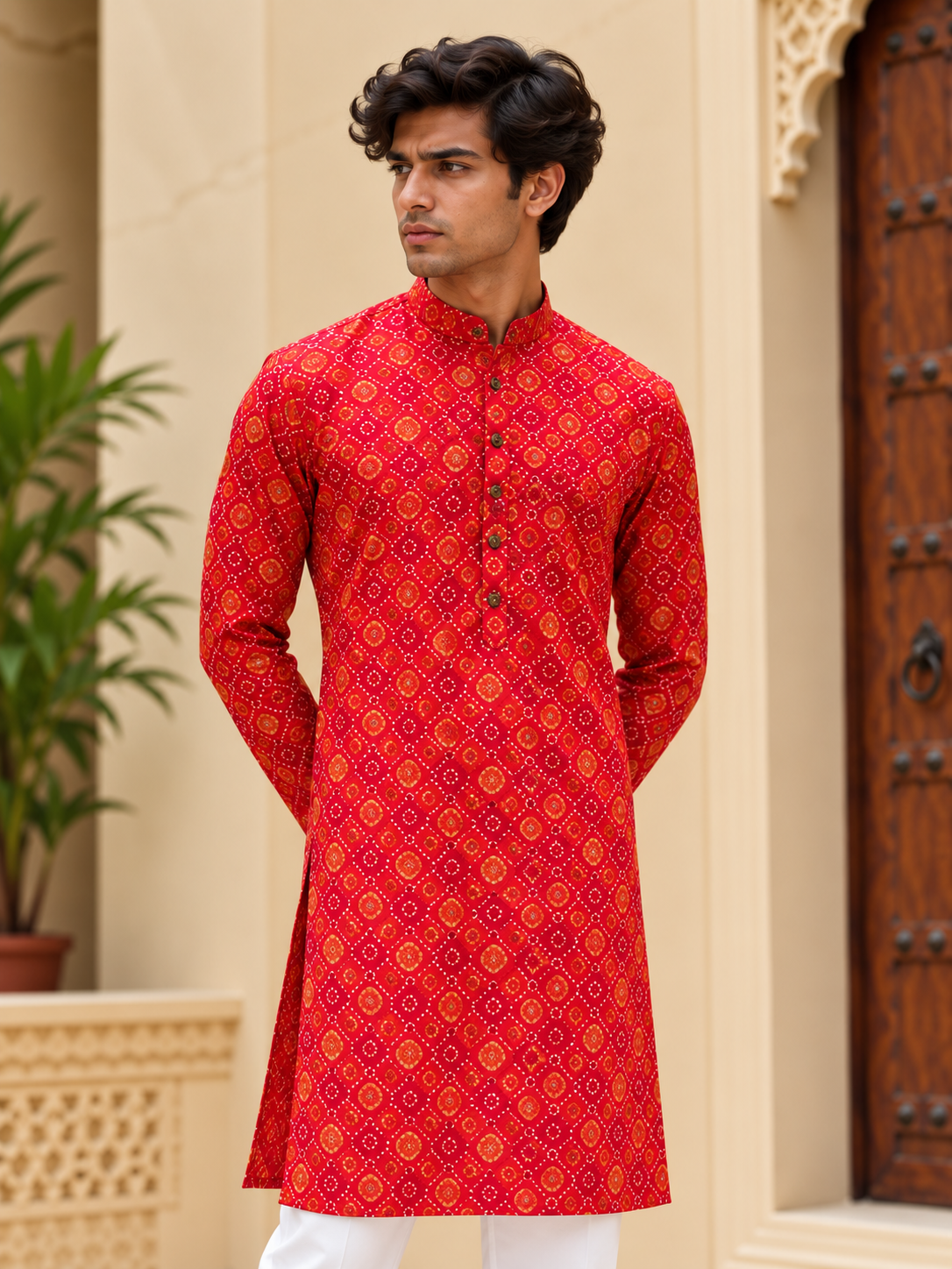 Red Bandhej Long Kurta