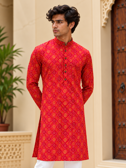 Red Bandhej Long Kurta