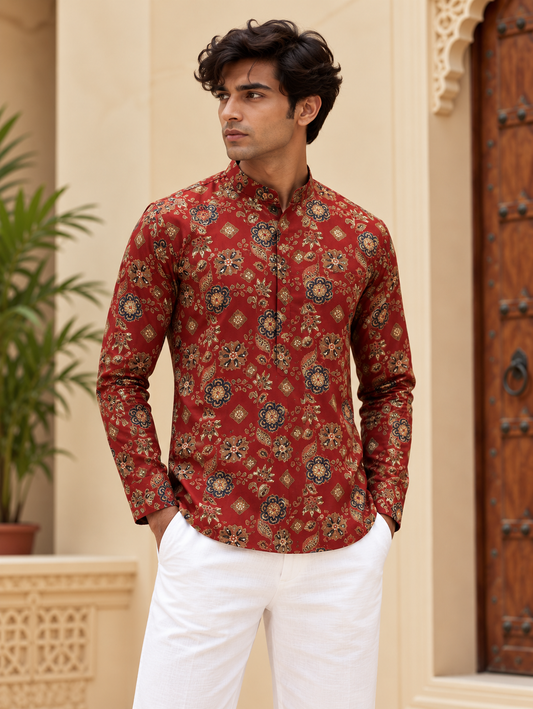 Maroon Floral Short Kurta